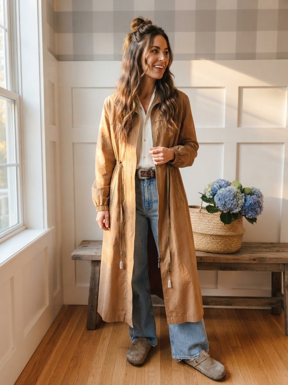 Que Camel Longline Drawstring Trench Coat Large